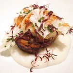 アビス - ランチコース 5100円 の焼き白子、フォアグラのソテー、カリフラワーのピューレ、生カリフラワー、アマランサス葉添え