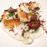 アビス - ランチコース 5100円 の焼き白子、フォアグラのソテー、カリフラワーのピューレ、生カリフラワー、アマランサス葉添え