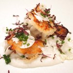 アビス - ランチコース 5100円 の焼き白子、フォアグラのソテー、カリフラワーのピューレ、生カリフラワー、アマランサス葉添え