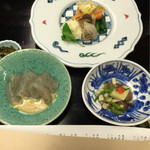 柏屋旅館 - 刺身こんにゃく、中皿：武尊サーモンのエスカベージュ（川場村産武尊サーモンの洋風南蛮漬）、しめじ茸とセリのりんご和え　2015.12