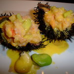 ガーデンレストラン シェフズ テラス - ガゼ雲丹にそら豆のリゾットを詰めてシュラン風味のブールブランソース