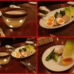 オステリア ブッコ - バーニャカウダ 、スモークポテト、半熟たまご、オクラ、ブロッコリー、スペイン産ミニロメインレタス