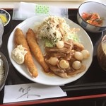 カフェ・ジューク - ランチ750
            ランチタイム30分ありこちらへ。ししゃもフライ・生姜焼き。
            まあ、ここの味はいつも通り。ししゃもフライはふっくらと揚がってましたよ。生姜焼きはバラ肉？使用で味も濃かったですねー…
            米はいつも通り半分残しでした。
            
            冬でも体重微減続きでウェスト周りもかなり余裕が出てきましたね♪(´ε｀ )