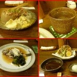 なん天 - おでん３種（大根、湯葉、糸こんにゃく）、一番札のお湯割、黒めばるの煮つけ、野菜の天ぷら