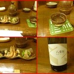 なん天 - お通し：焼き牡蠣と山椒昆布、川津海老、鯛と菜の花和え、日本酒を熱燗で・・なまこの酢の物