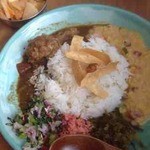 Curry&Spice青い鳥 - 重ね煮カレー3種(酸味の効いたチキンカレー、大根のカレー、ココナッツミルク入り豆カレーカブ入り)