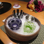 日本料理 幸庵 - 利き酒セットの、月山、獺祭45、御代櫻、作