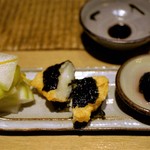 つきじ 文化人 - 五点盛り＝柚子大根、大和芋磯部揚げ、黒豆酢大豆