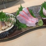 三代目 まる天 - 本日の三点盛り（北寄貝、金目鯛、シャコ）