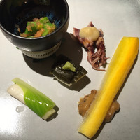 鮨 水魚 - 人参の肉味噌ディップ ホタルイカ ナスとチーズ オクラと飛びっ子かな？