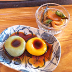 Kafe Rimuse - よもぎとかぼちゃのシト（きび団子）、切干大根・昆布・するめの漬物