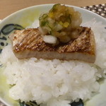 座屋 - ご飯　土佐ジロー、ぶりトロ焼き、塩、焦げ
      