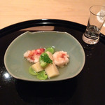 まき村 - 鹿児島産若筍と山口産車海老、空豆の銀餡掛け