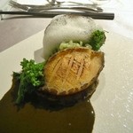 eclat - 鮑　紫蘇風味の肝のソース　菜の花のリゾット添え