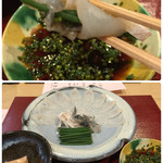 馬場乃町 はやし - 皮とわけぎを刺身で巻き巻きして 自家製の美味しいポン酢をちょいと♪