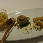 Ristorante Sotto l'Arco - 黄ｶﾌﾞのスープ 八丁味噌チーズ イカとタコのライスボール