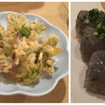 赤坂鍛冶や - 蕗のトウの天ぷら、白魚の棒寿司。白魚は寿司一本で何百匹かわからない。