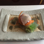 割烹 新多久 - 2016 2月 料理3　向付　鱈の昆布締め肝入り・水ゼリー