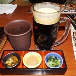 Sennennoutage - 焼酎・スタウト(黒)ビール、お通し