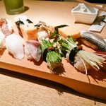 Tsukijisushisen - まぐお、貝割れ、芽ねぎ、〆さば、えんがわ、ぶり、えび、いわし、こはだ、たまご、つぶ貝、しゃこ