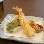 Hamanakounagi Unataka - 天ぷら４点盛り、海老（頭別揚げ）、ピーマン、南瓜、茄子