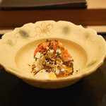 虎白 - 「煮物」車海老、雪蓮根、舞茸原木白和え、アサツキ、ゆず、塩こぶ　2015年11月