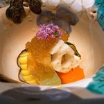 京都 吉兆 - 先付　夏の焼野菜、柑橘酢のジュレ、花穂。