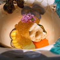 京都 吉兆 名古屋店 - 先付　夏の焼野菜、柑橘酢のジュレ、花穂。