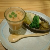 鳥恵 上野広小路店 - 里芋と人参のスープ、春野菜（ウド、菜の花、タケノコ）とふき味噌