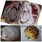 ブーランジェリー レスト - ◆上：土曜日限定の「ブルーベリー食パン(420円）」・・これ美味しいですよ。
ソフト食感の記事の噛みごたえもいいですし、ブルーベリージャムもたっぷり入っています。
下：サツマイモとごまの入ったパン。