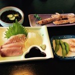 日吉苑　食事処魚半 - スタンダードコース 第一陣 刺し盛り 海老、枝豆 しゃこ