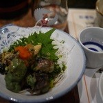 アテの定番！活鮑の肝ポン酢♡もちろん酒は燗で(ΦωΦ)ﾌﾌﾌ