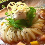 かま釜うどん - トマトすりおろし豆乳ホイップ添え