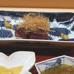 松川 - 新潟の鴨に揚げたネギ、ポン酢・辛子醤油で