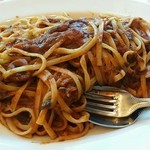 トラットリア グランボッカ - 【2016年2月】スルメイカとほうれん草のぴり辛トマトソース（生パスタ：大盛り）