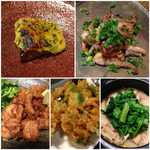 にほん酒と肴 酔音 - 鰆のふきみそ焼き、いいたこの酒盗焼き、とり唐、桜海老とアボカドのかき揚げ、菜の花と竹の子のご飯