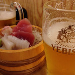 Akabane Shirukurodo Toro Bako - 刺身三点盛りとビール