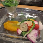 白菜のババロア小松菜ソース、南砺産の野菜