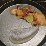 薪の音 - ノドグロ　紅ズワイガニのソース　五箇山のなめこ　キクイモのピューレ　すだち