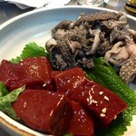 Gombawi - 『韓牛レバ刺し＆せんまい刺し、ハツ刺し』様（15,000ｗ/約1170円）肝刺し3種のレバーの色合いいい感じじゃないですか♪