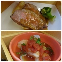 和創り 萌木 - ◆左上段には「ステーキ」・・お肉も柔らかいですし、ソースもいいお味。
                ＊中段には「トマト味の海鮮料理」、お味が好みではないですね。