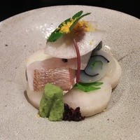 魚菜 由良 2号店 - 真鯛、ハマチ、烏賊の刺身に大根で綺麗に飾り付けした一品です。