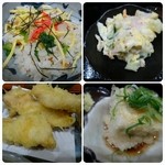 左上から週替わりご飯定食の「ちらし寿司」「ポテトサラダ」「揚げ出し豆腐」「鶏の天ぷら」
