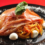 Tomato pasta with jamon serrano and mozzarella