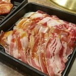 Yakiniku Gyuuden - 熟成牛カルビ・牛バラ・豚カルビ・鶏・ウインナーの盛り合わせプレートが１セット