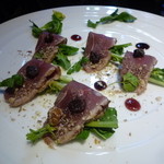 月夕堂 - 2016.2前菜…鴨胸肉の生ハム仕立て　朝づみルッコラとドライフルーツとナッツ添え