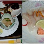 活 紀州本クエ料理 九絵亭 - 先付/クエ薄造りです♪薄造りはポン酢で旨し