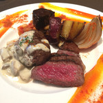 熟成神戸牛プレミアム 听 - 熟成神戸牛 3種盛り合わせ：3,800円
      ・一口ステーキ
      ・煮込み
      ・炭火焼ハンバーグ