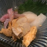 よねさん - お通し・自家製鮟肝・帆立・味＜2016年2月再訪＞