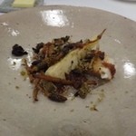 食堂セゾンドール - ◆対馬穴子ムニエル　山菜もろみバター
      下には「蕗の薹味噌」。
      筍はこの時期美味しい鹿児島産。